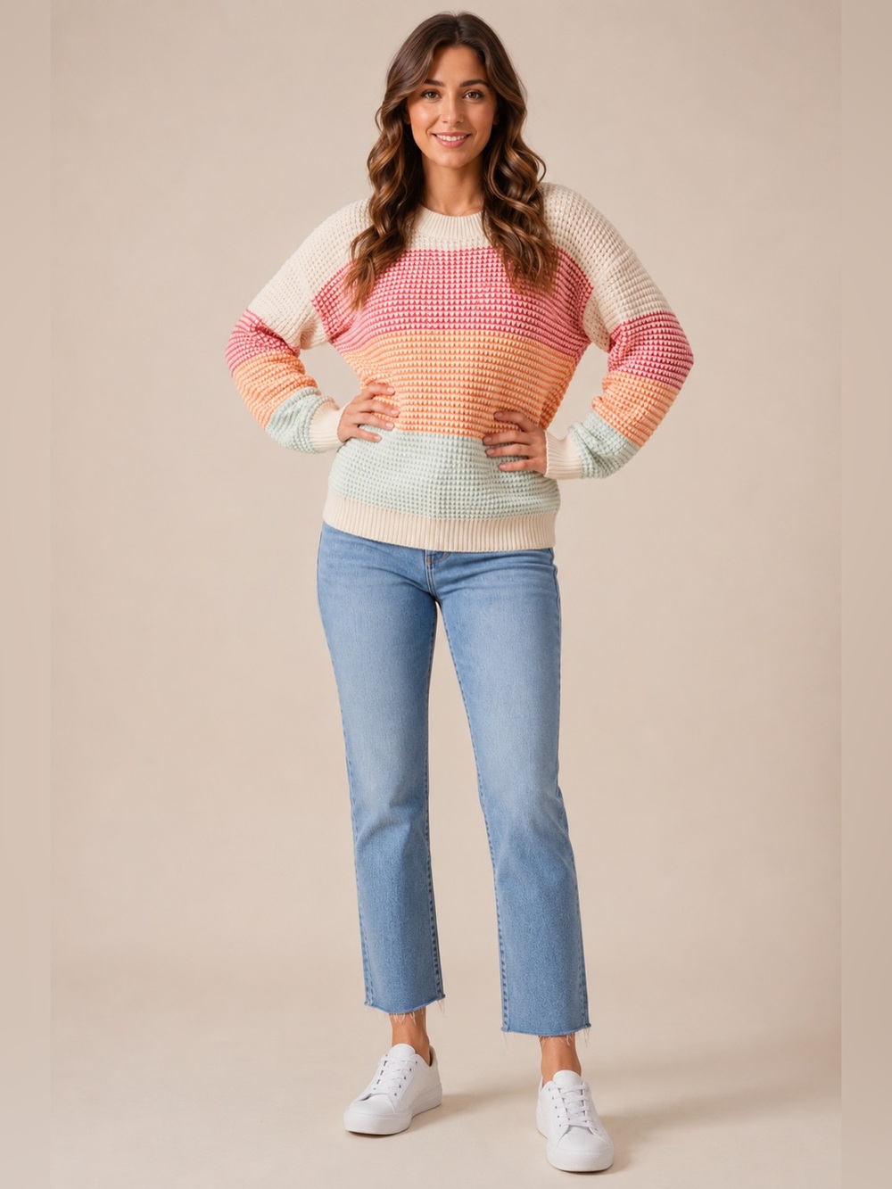 🧡 SO ME Cream Multicolor Striped Knit Sweater